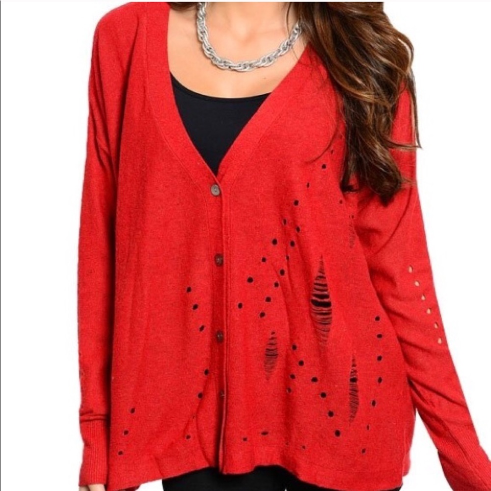 Red Distressed sweater cardigan